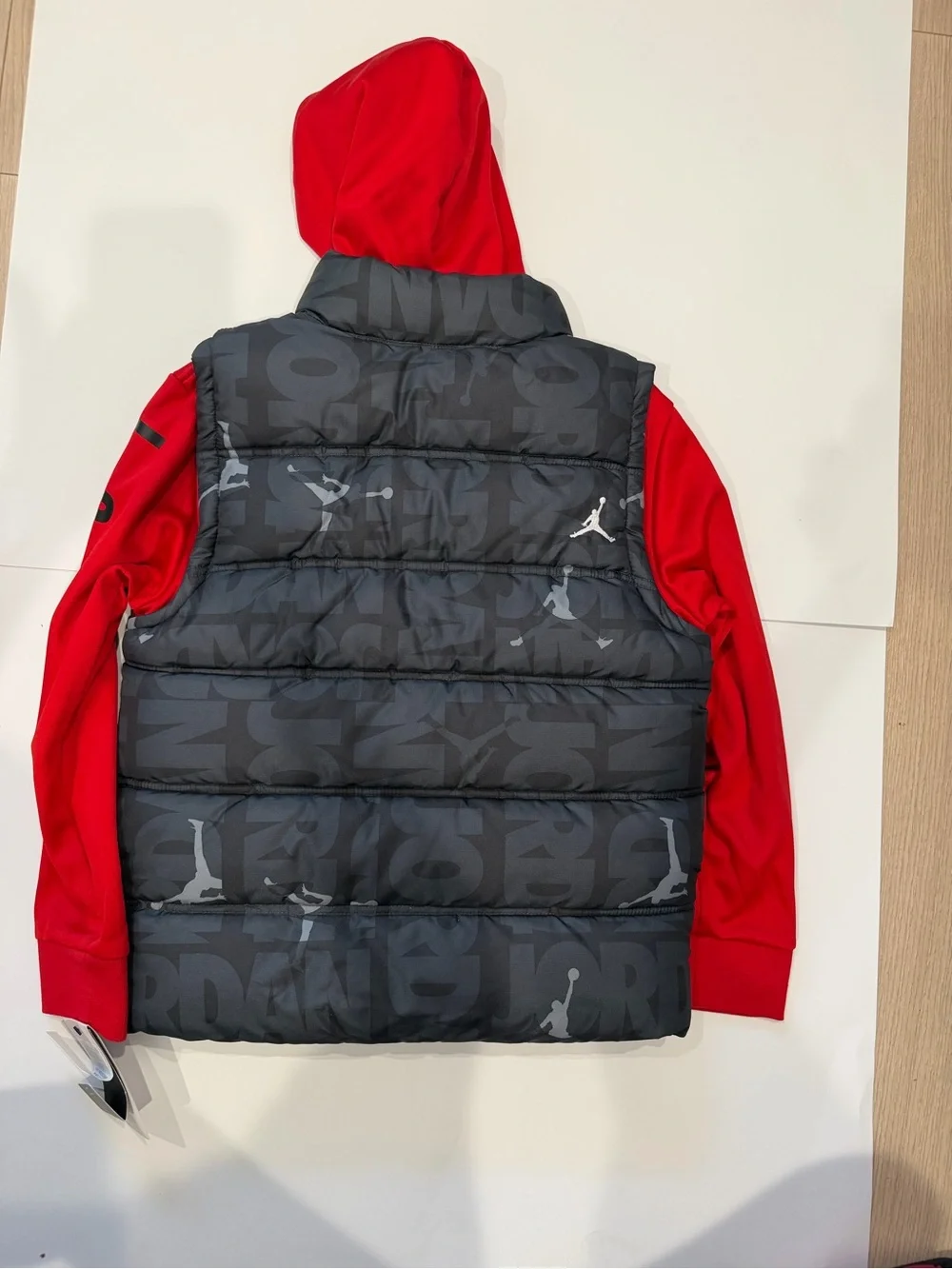 Jordan Kids Black Puffer Vest with Red Hooded Sweatshirt
